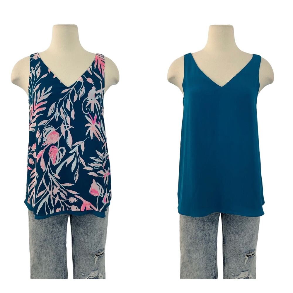 Lilly Pulitzer Reversible Florin Sleeveless V-Neck Tank Pink/White Floral Teal S